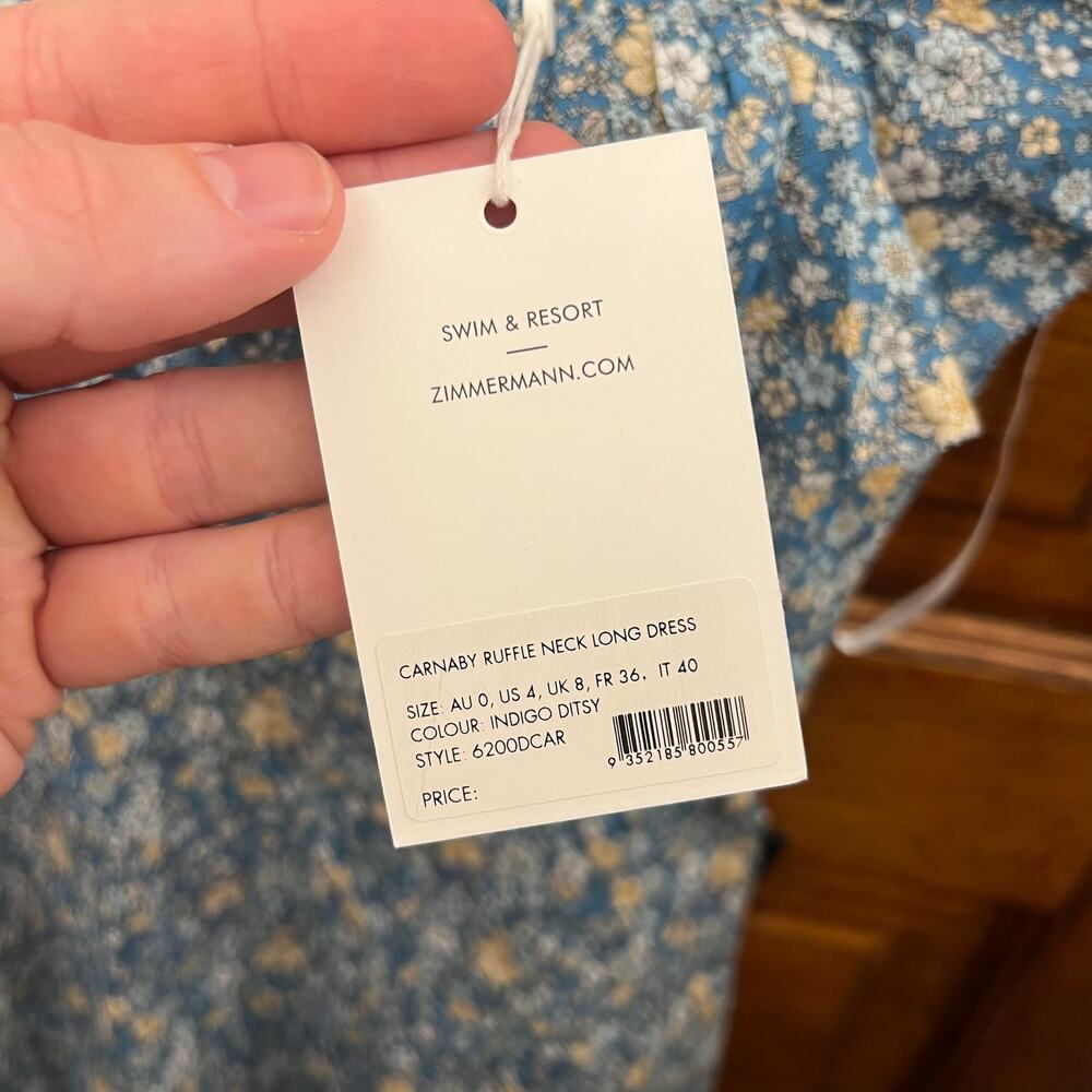 Zimmermann Carnaby Ruffle Neck Long Dress sz 4 US Indigo Blue NWT's $475 - Picture 7 of 16